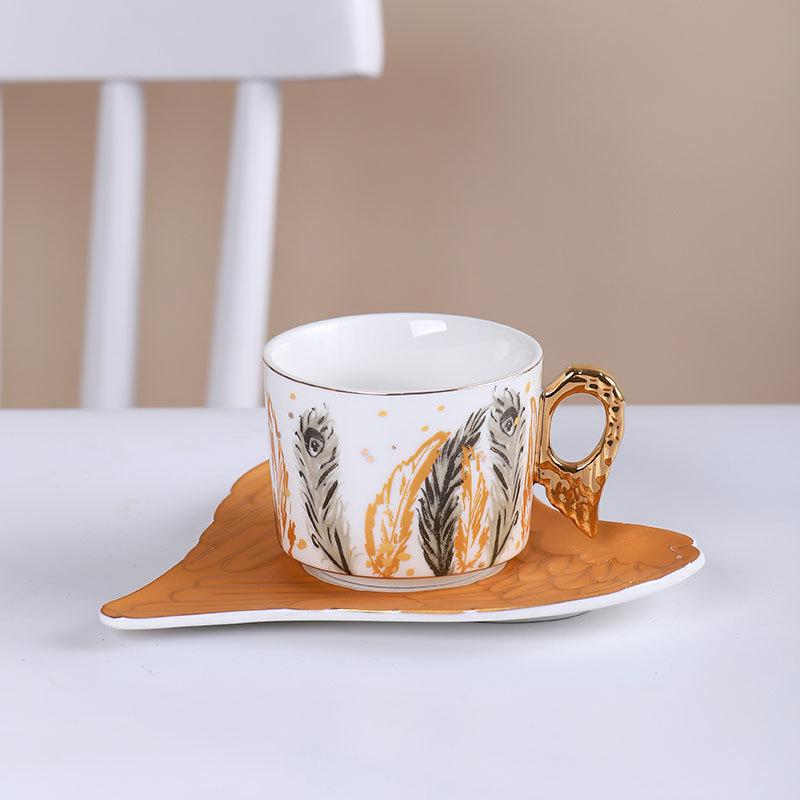 European-style Ceramic Feather Coffee Cup Set Afternoon Tea Set Latte Flower Mug Dish Home Mug Set Home Decorative Drinkware