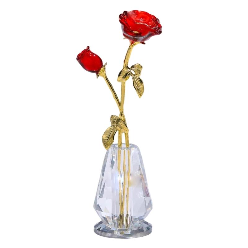 Crystal Rose Sculpture with Vase Collectible Flower Ornament Wedding Anniversary Gift for Home Decoration Accent