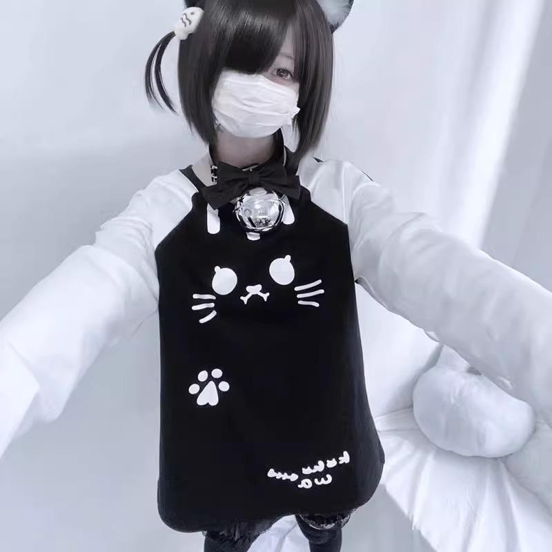 TrendHub Spring Subculture Sweet Cute Long Shirts Print Long-sleeved Loose T-shirt Woman Y2k Black White Kawaii 2000s Blouse