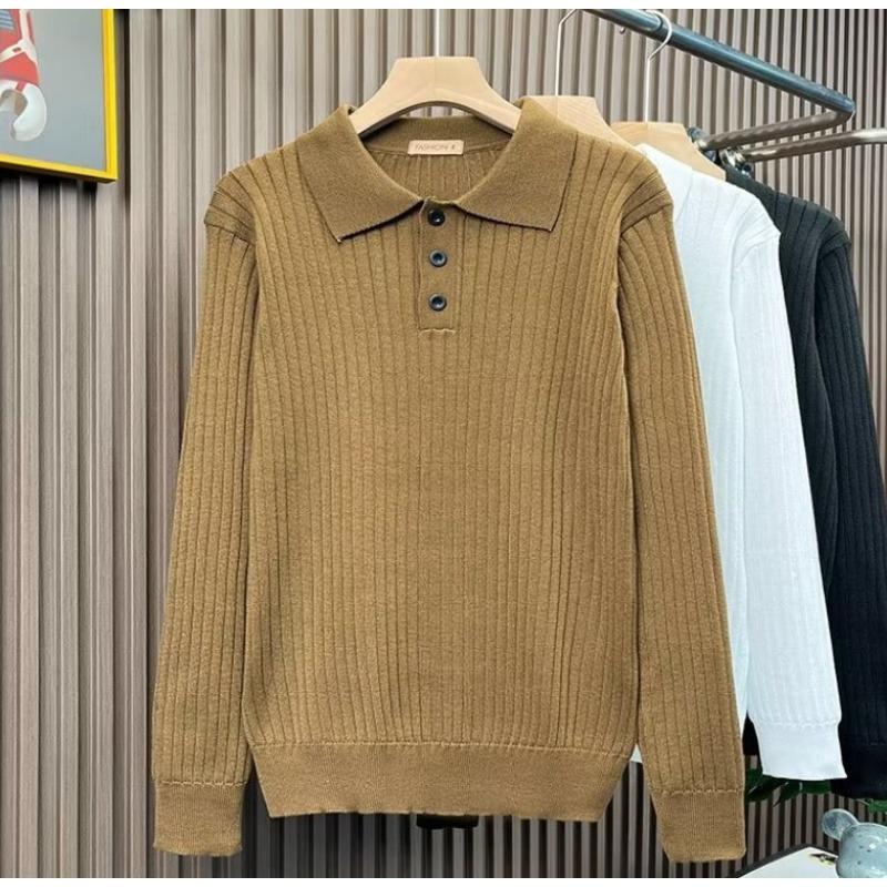 Spring Autumn Polo-neck Long Sleeve Knitting Pullover Top Male Casual Fashion Solid Bottomed Sweater Men