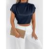 Women Brown Satin Mock Neck Ruched Cap Sleeve Cropped Blouse