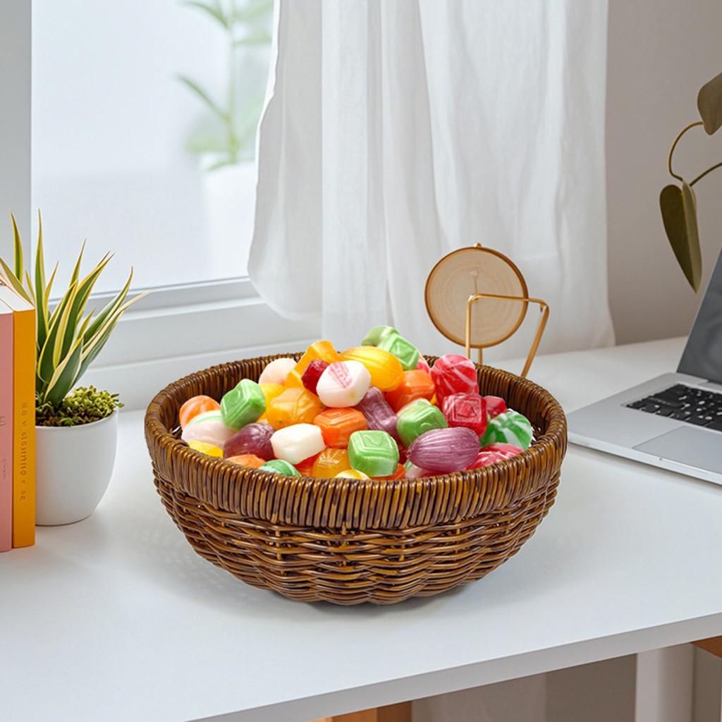 Round Rattan Style Storage Basket For Fruit Snack Bread In Living Room Kitchen
