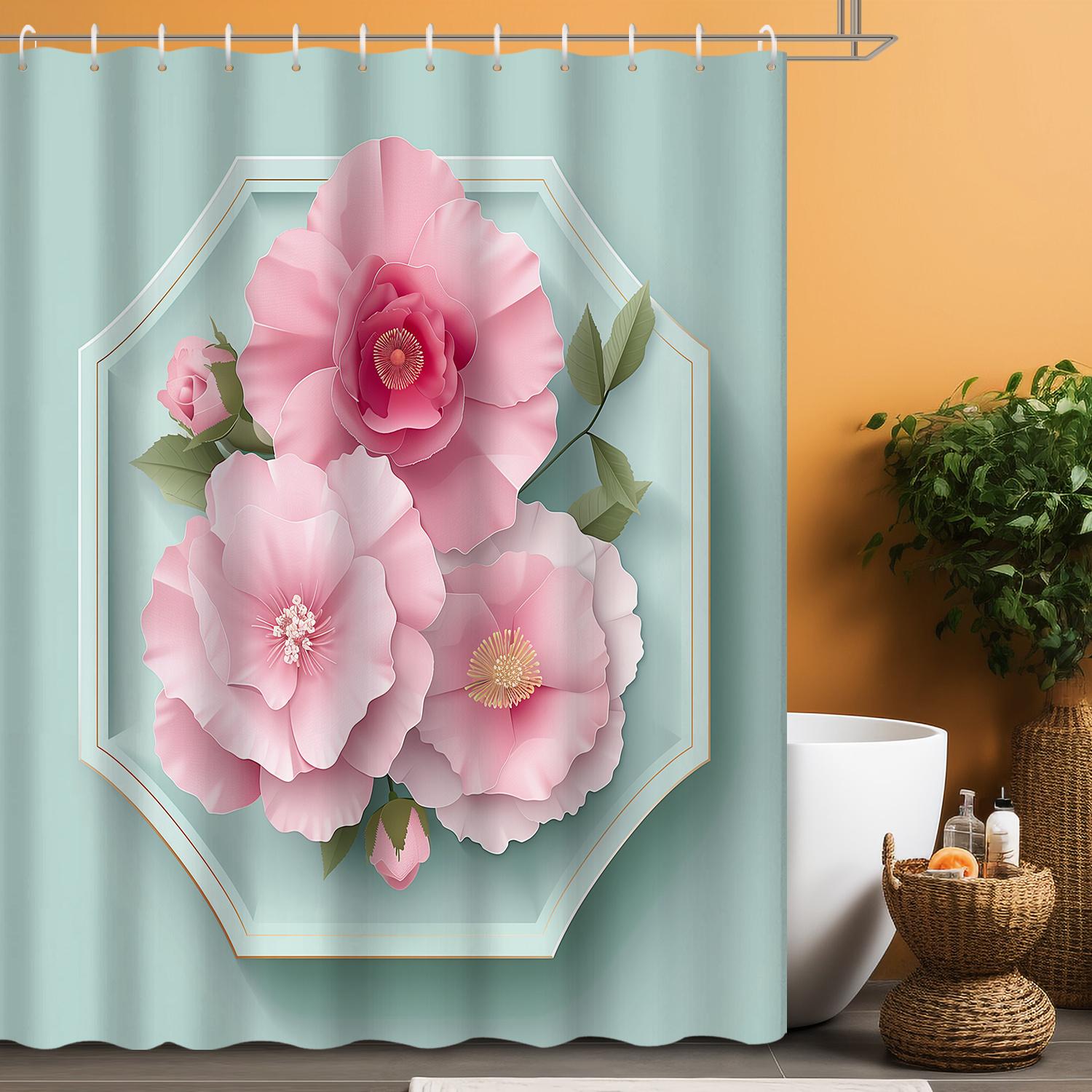 

1pc Elegant Pink Floral Shower Curtain - Waterproof Polyester, Romantic Gift, Includes 12 Hooks, 70x70 , Perfect for Bathrooms W90XH180cm