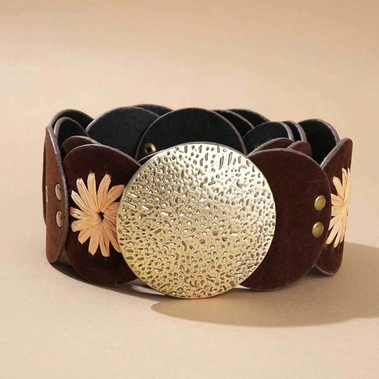 Couvre-taille creux à œillets métalliques Style Western Rétro Ceinture Personnalisée pour Femme 105cm café