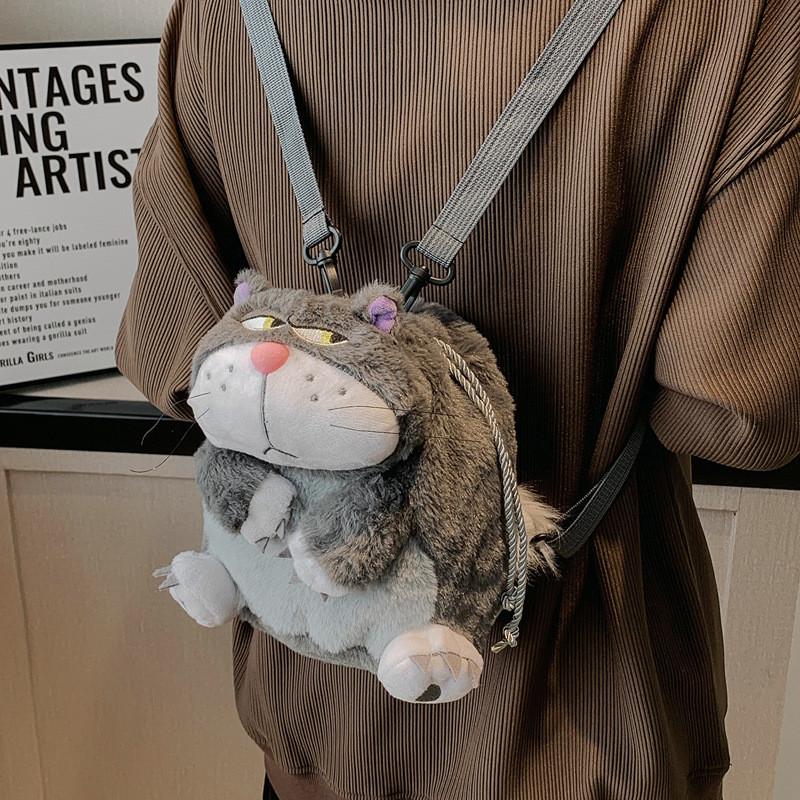 Lucifer Cartoon Cat Plush Shoulder Bag With Drawstring Closure For Use Daily