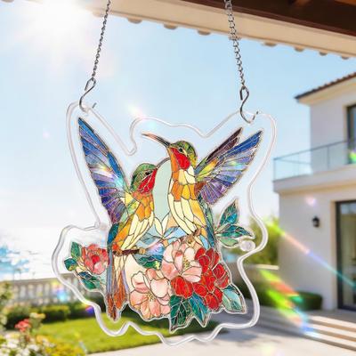 Acrylic Puzzles Sun Catcher Stained Glass Effect Window Hanging Decor Colorful Hummingbird Flowers Plants