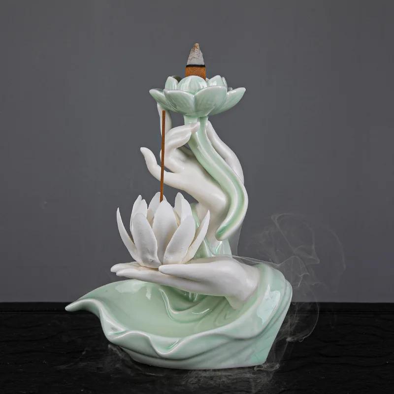 Newest Celadon Backflow Incense Fountain Antique Lotus Incense Burner for Incense Sticks Holder Gothic Decor Zen Bergamot Stove
