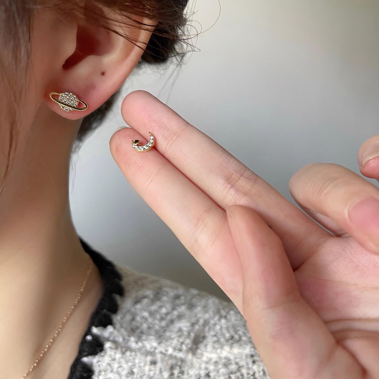 Asymmetrical Moon & Planet Sterling Silver Stud Earrings - Elegant, Unique Design
