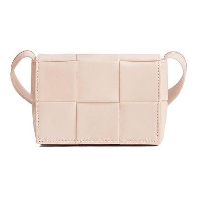 Borsa Messenger Mini Minimalista a Colore Unico con Patchwork Intrecciato in Vitello per Donna, Rosa Chiaro