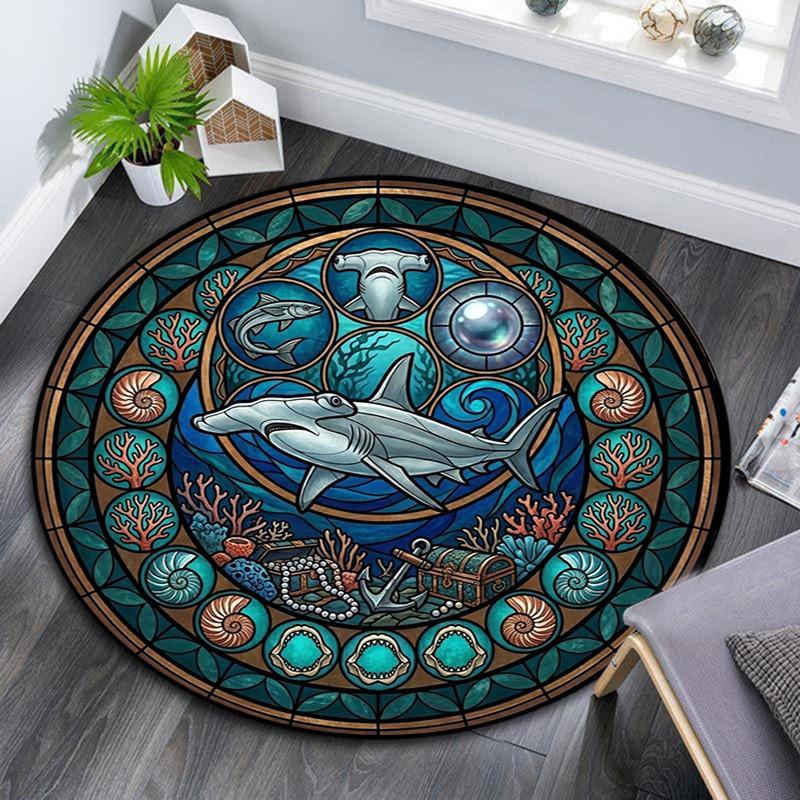 Marine Life Glass Round Area Rug Under Office Chairs Bedroom Living Room Home Decor