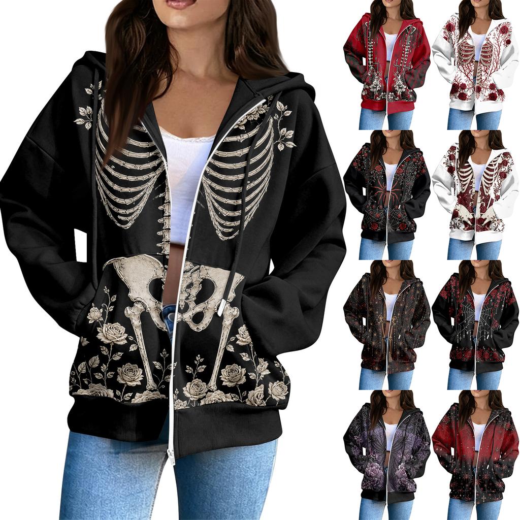Damen lässiges Kapuzen-Sweatshirt mit Reißverschluss und Langarm mit Halloween-Print