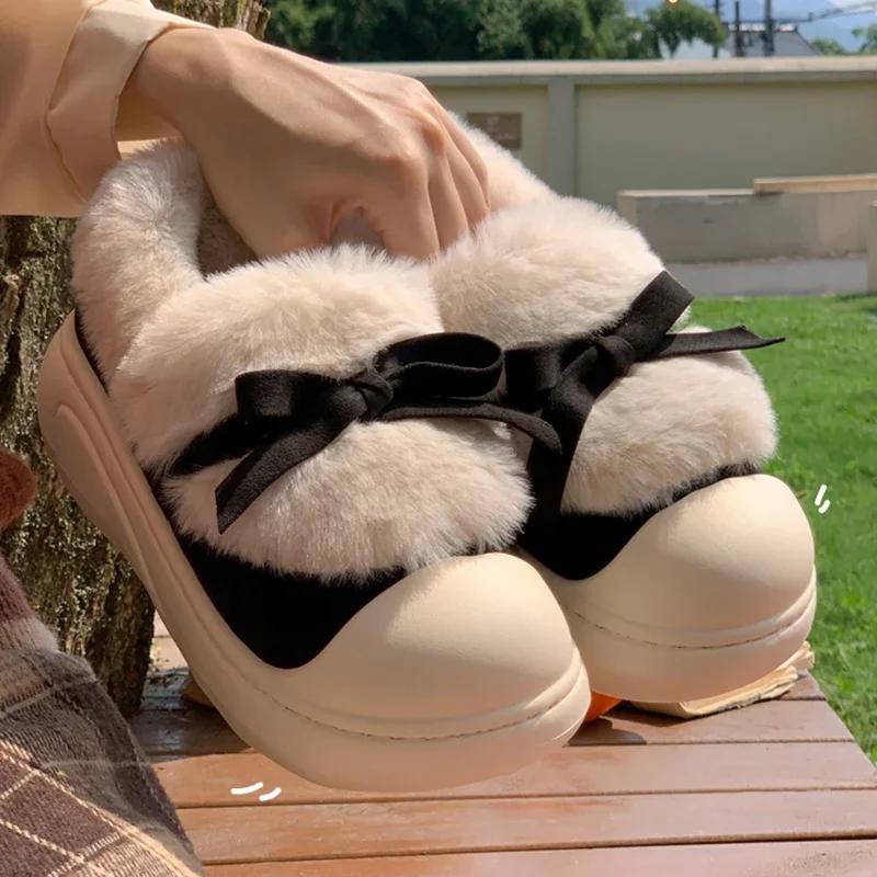 Fashion Cute Bowknot Fur Cotton Padded Shoes Women 2024 Faux Fur Warm Platform Snow Boots Woman Non Slip Thick Sole Winter Boots Female