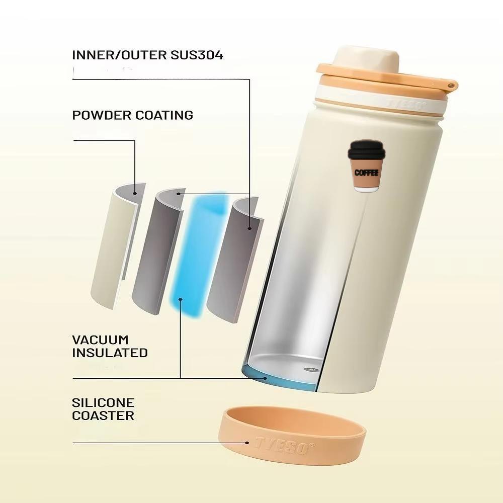TYESO 750ML Portable Sports Cold Water Bottle with Non-slip Thick Sleeve Leakproof Outdoor Drinking Cup for Daily Use with Coffee Sticker