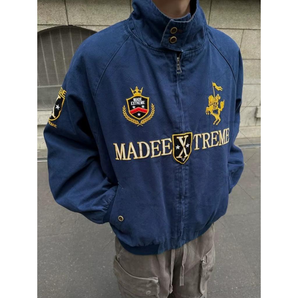 ZYLLO Veste à fermeture éclair tendance brodée style rétro vintage américain Homme Hip Hop Col à revers Bomber Y2K Streetwear Vestes décontractées amples