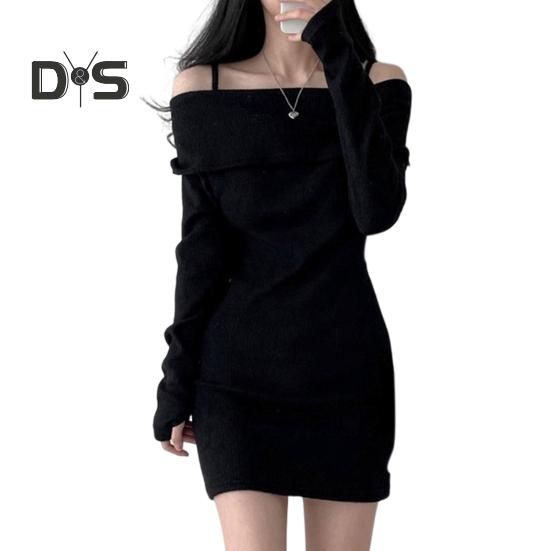 Women Knitting Tops Off Shoulder Long Sleeve Solid Color Slim Fit Pullover Tops Sexy Ribbed Long Blouse