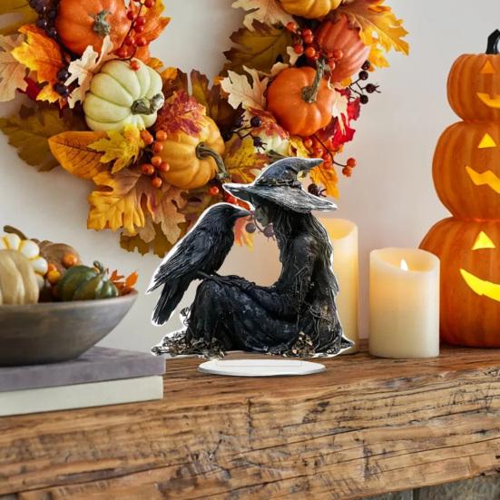 Halloween Kråke Heks Akrylpynt 2D Skummel Ravn Heks Bordsskilt med Base Hjemmekontor Bokhylle Skrivebord Dekorasjon