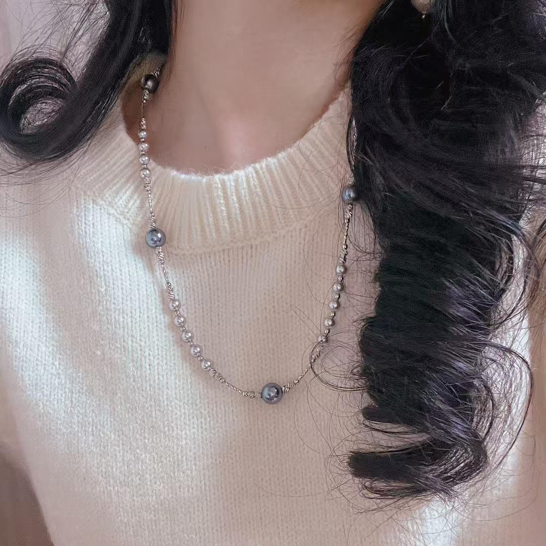 Autumn And Winter Morandi Cold High-Gloss High-Quality Mixed Color Imitation Pearl Collarbone Chain Necklace Sweater Chain