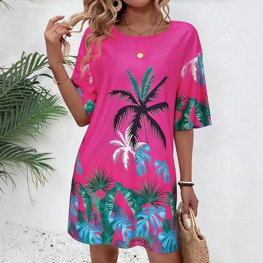 Women s Tropical Style Casual Loose Short Sleeve Dress M розы красного