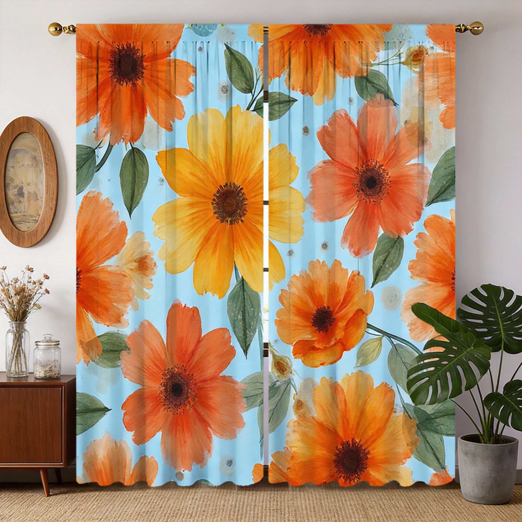 Watercolor Flower Curtains 2pcs – Orange Yellow Blooms on White, Autumn Botanical Decor for Living Room and Bedroom 60×150