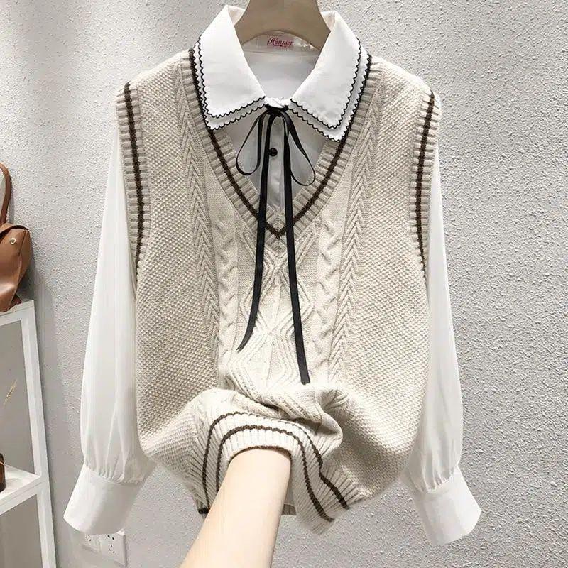 Literature and Art College Style Women's Knitted Vest Loose Autumn V-Neck Fried Dough Twists Sweater Bottom Shirt