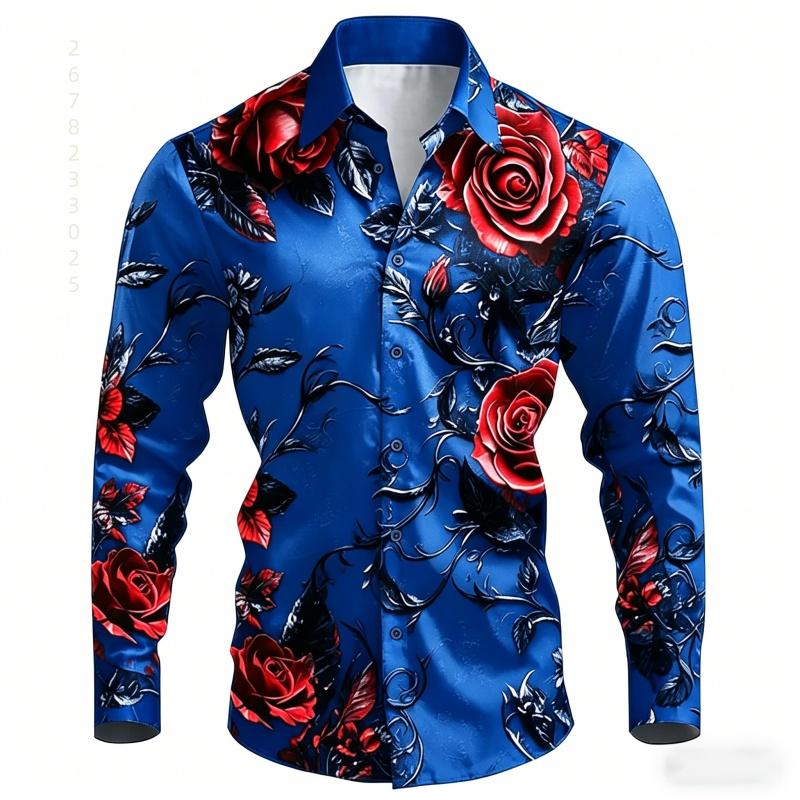 2026 New Men's Shirt with Black Background and Red Rose Print, Slim Fit and No Iron Business Casual Shirt, Versatile Top