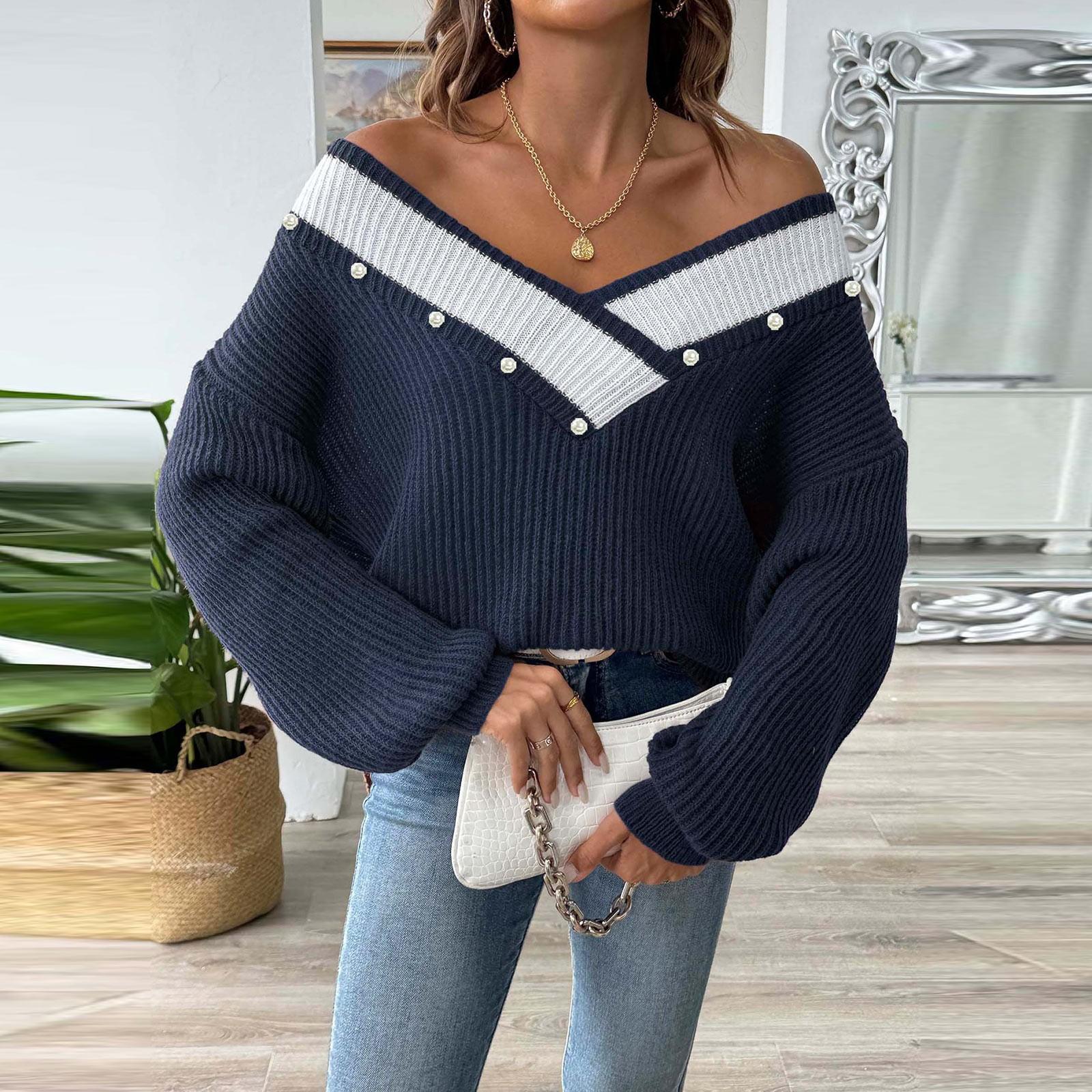 

Женский контрастный цветной сплайсированный большой V-образный вырез жемчужный свободный вязаный свитер-пуловер L тёмно-синий