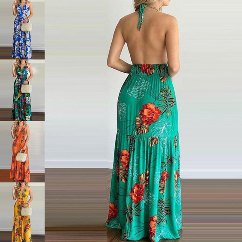 Summer New Printed Backless Sexy Dress Women Fashion Halter High Waist Beach Casual Dress for Women Elegant Floral Holiday Long Dresses 24569