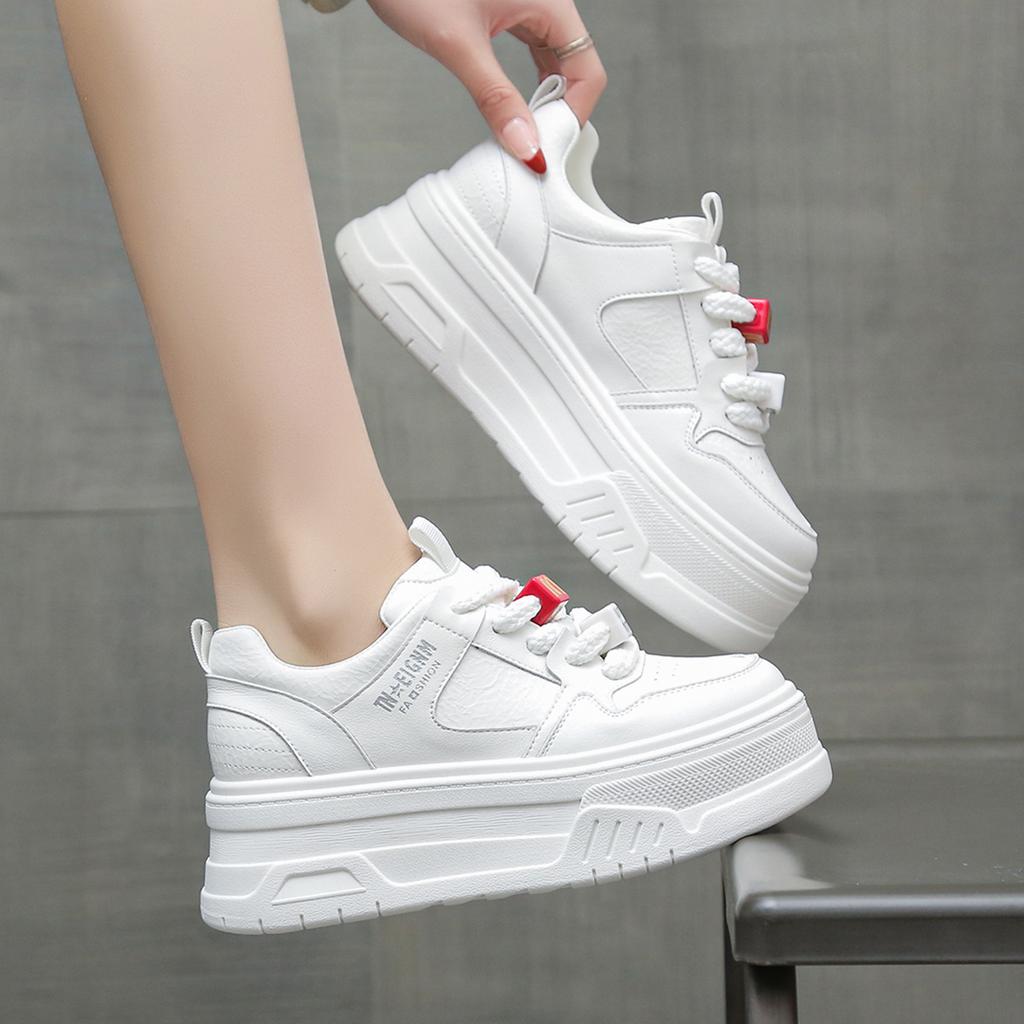 Platform white shoes women's 2025 spring new round head lace-up versatile height-increasing sports and leisure board shoes