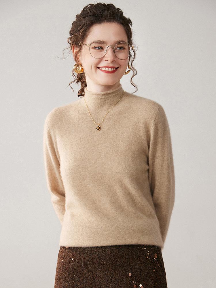 Women's Cashmere Sweater: Solid Color, Rolled Hem, Half-High Collar, Long Sleeve, Loose Fit, Versatile Knitwear for Autumn and Winter.
