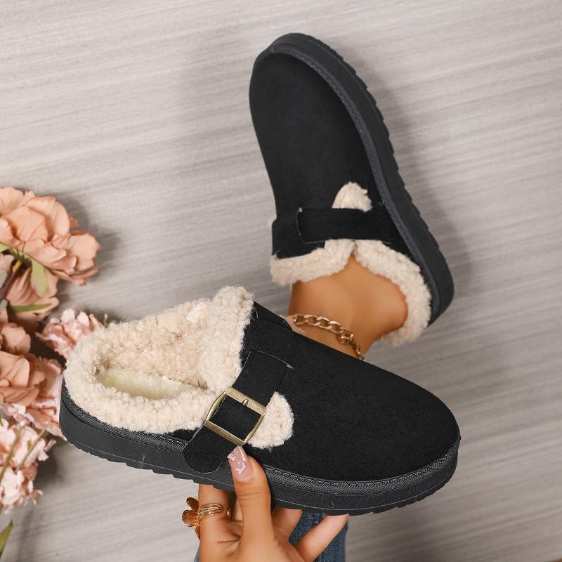 Cross-border New Belt Buckle Low-top Wool Cotton Shoes Women's Large Size Round Head Thick Sole Short Plush Rear Empty Snow Boots
