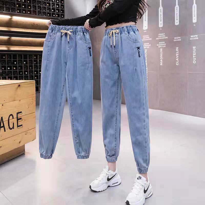 

Женские джинсы весна-лето свободные эластичные укороченные брюки-шаровары с корсетом на талии 3XL