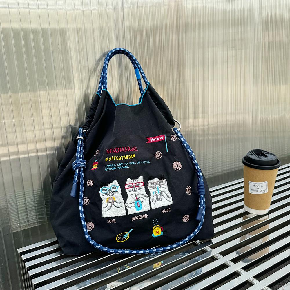 Japanese Style Handmade Waterproof Nylon Canvas Bag with Embroidered Patterns, Large Capacity