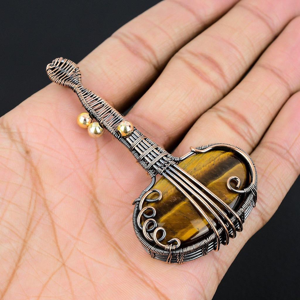 Tiger Eye Pendant, Handmade Gemstone 999 Copper Wire Wrapped Pendant Antique Jewelry, For Gift Silver Jewelry