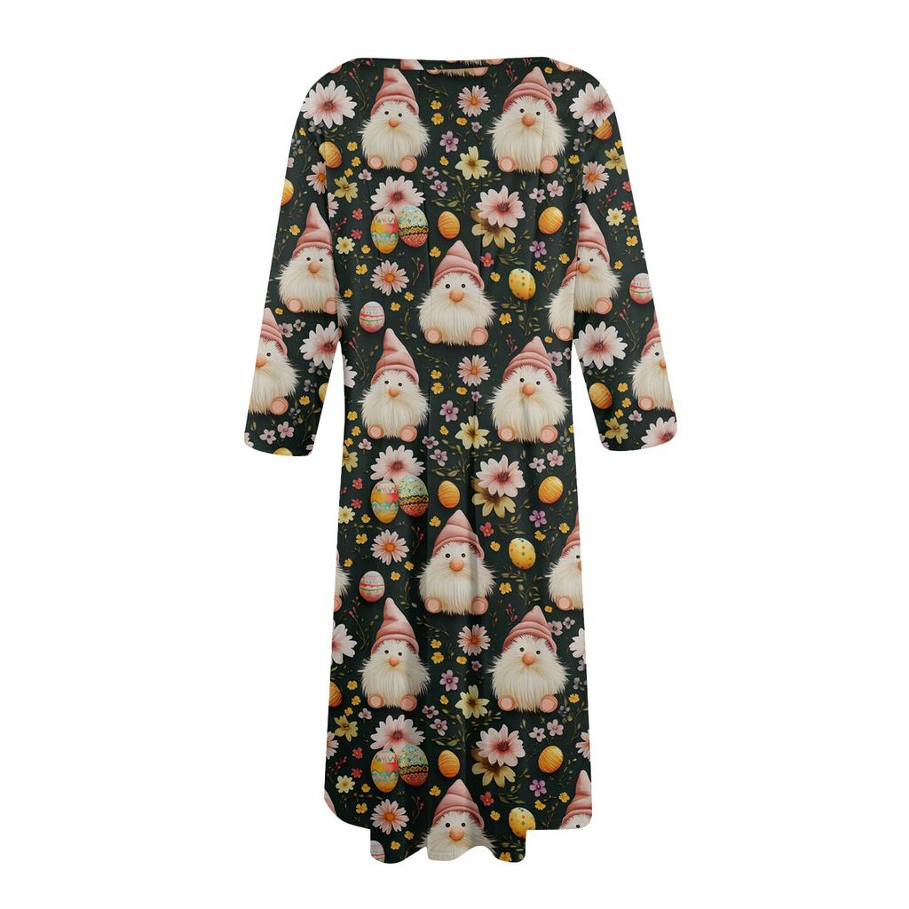 Dámské volné ležérní a módní šaty střední délky s potiskem, kulatým výstřihem a sedmčtvrtečními rukávy