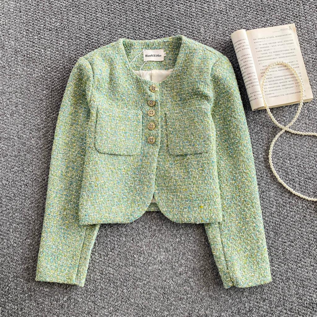 Autumn Winter Women Elegant Little Fragrant Wind Full Sleeve Single Breasted Tweed Short Jacket Coat With Pocket