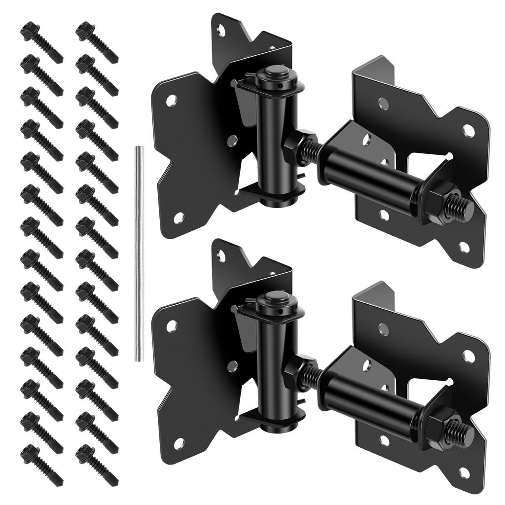 4PCS Self Closing Gate Hinges Heavy Duty with Installation Screws and Swing Adjuster Tool 90 Degree Adjustable Hinges for Fence