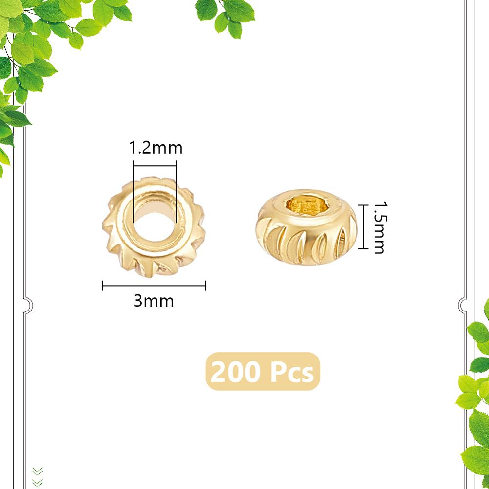 200Pcs Brass Spacer Beads, Nickel Free, Rondelle, Twist, Real 18K Gold Plated, 3x1.5mm, Hole: 1.2mm