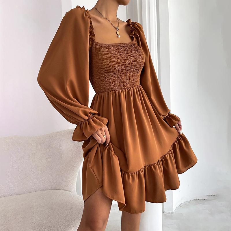 2025 French Minimalist Square-Neck Dress Long-Sleeve High-Waisted Bodycon Dress with Flounced Hem