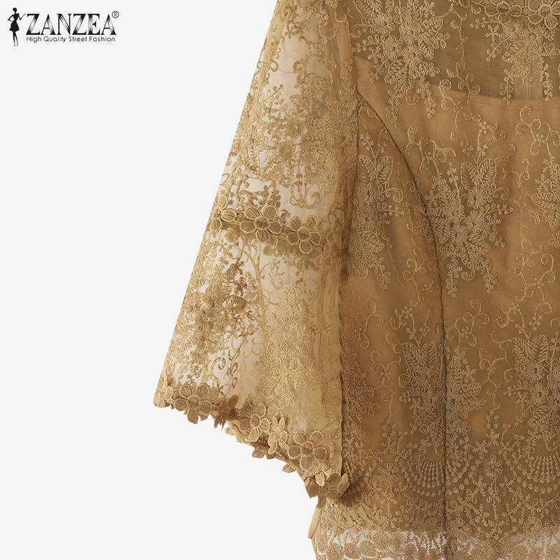 ZANZEA Damen Freizeit Rundhals 3/4 Ärmel Spitze Patchwork Bluse