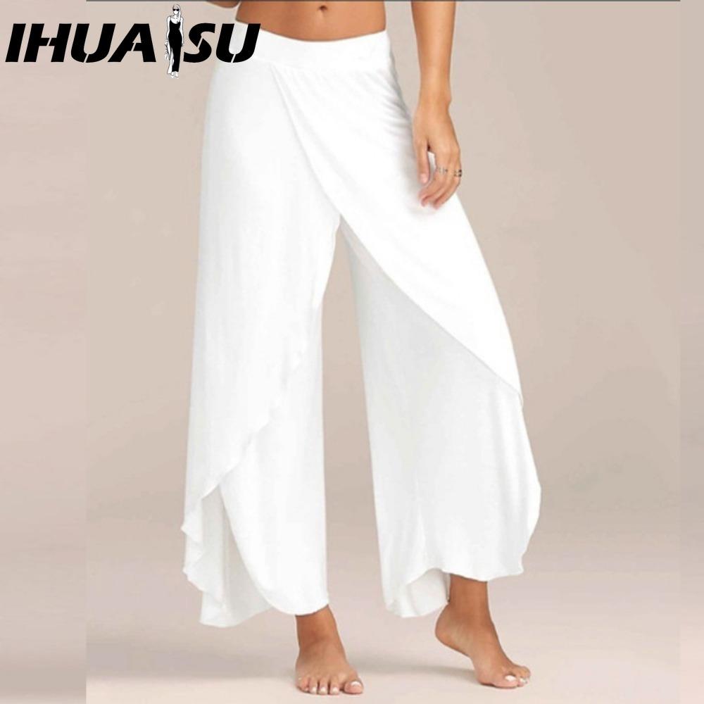 

IHUASU 10 цветов Женские брюки палаццо бохо с широкими штанинами, шифоновая юбка, расклешенные брюки для йоги, больших размеров M белый