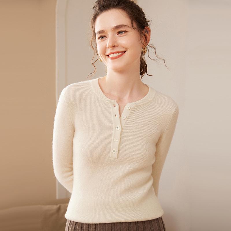 Women's Cashmere Knit Slimming Sweater: French Style, Button-Up, Half-Open Collar, Long Sleeve, Round Neck, Warm Base Layer for Autumn/Winter.