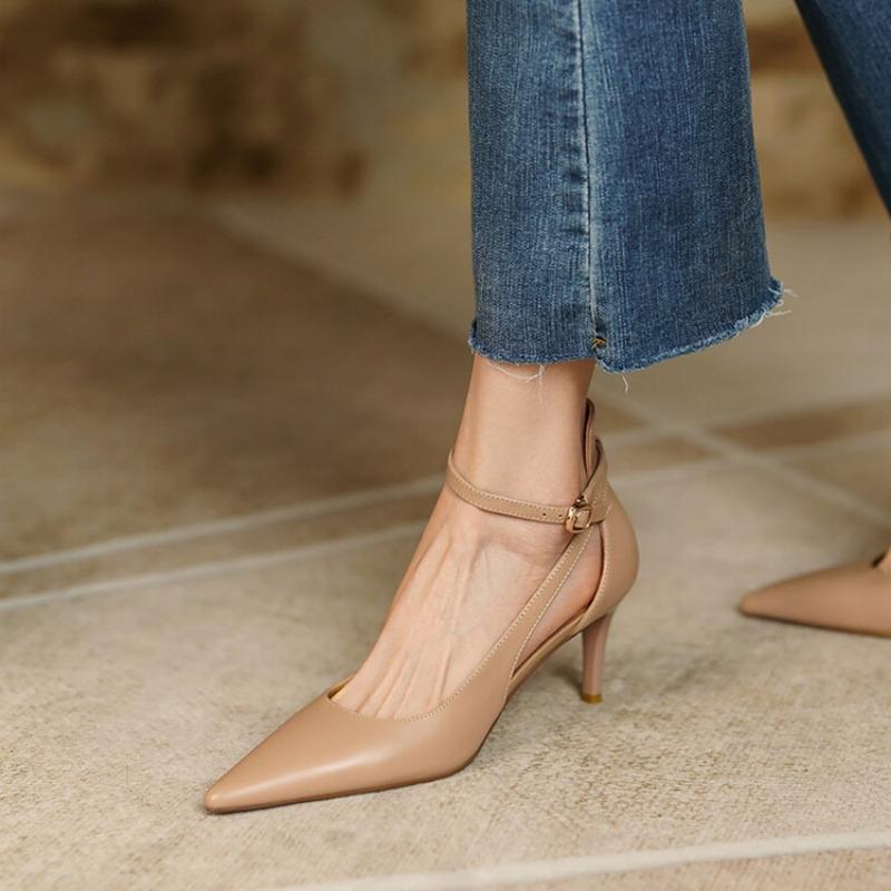 Mode Frühling Sommer 2024 Neue Beliebte Damen Schuhe Khaki Spitz Zehenbereich Dünner Absatz Riemchen High Heels Lässige Ballerinas Gummimaterial