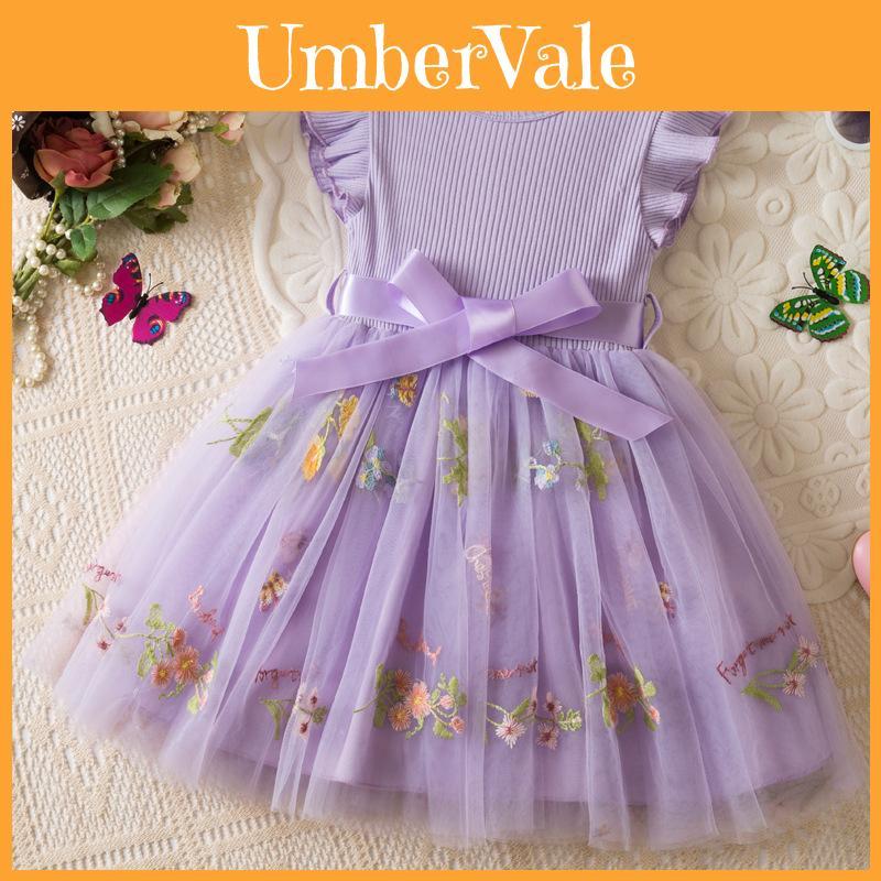 Summer Girl Flower Embroidered Mesh Dress With Bow For Toddler Girls