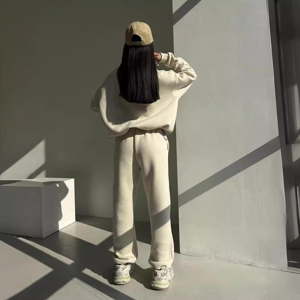 Europäischer und Amerikanischer Stil Lässiger Patchwork Verdickter Langarm-Sweatshirt und Hosen Set 2025