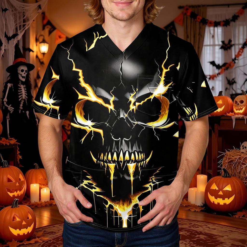 Men's Halloween Printed V-Neck Short Sleeve Scrub Top with Pocket