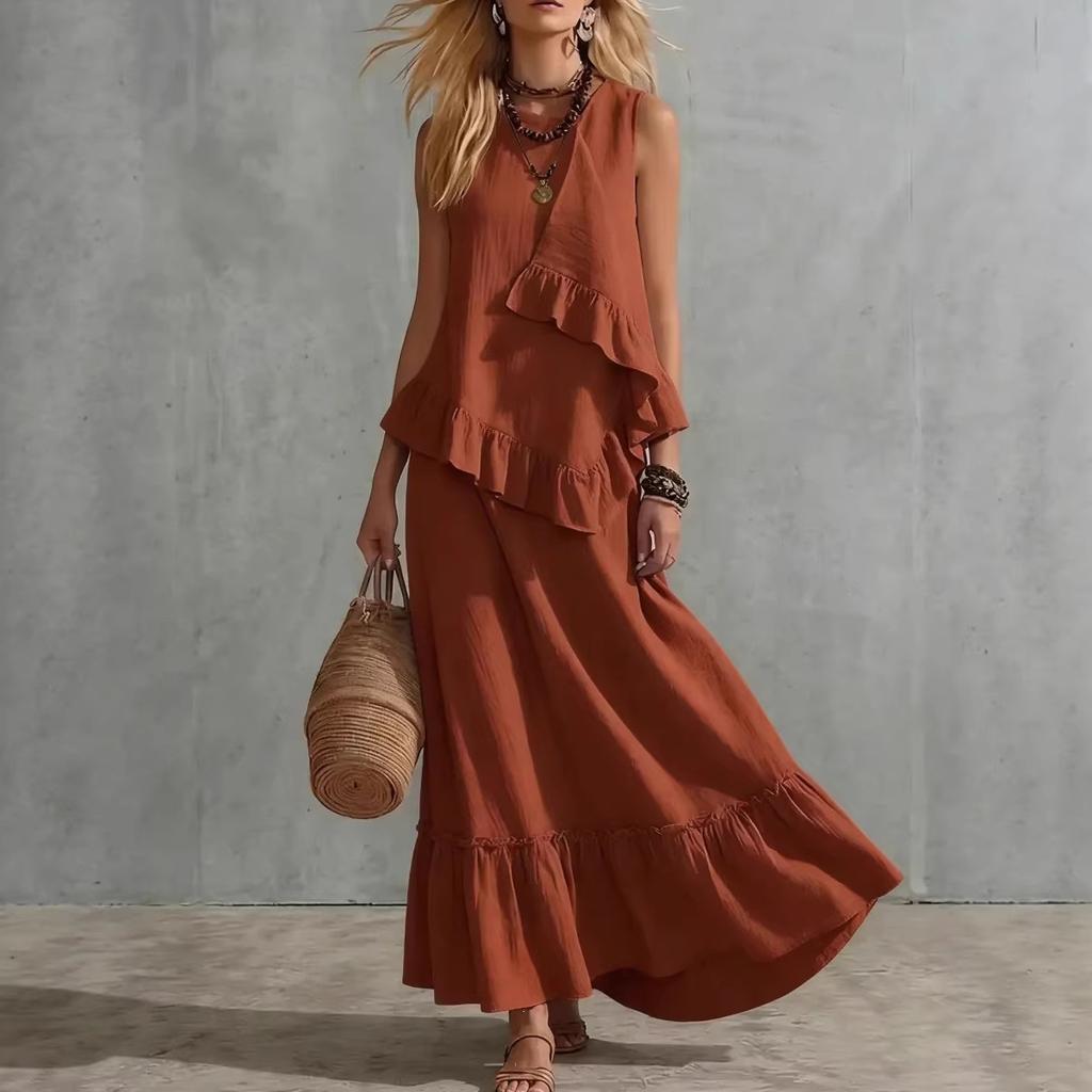 Spring and summer European and American style cotton and linen suit women's loose sleeveless dress two-piece vacation casual dress