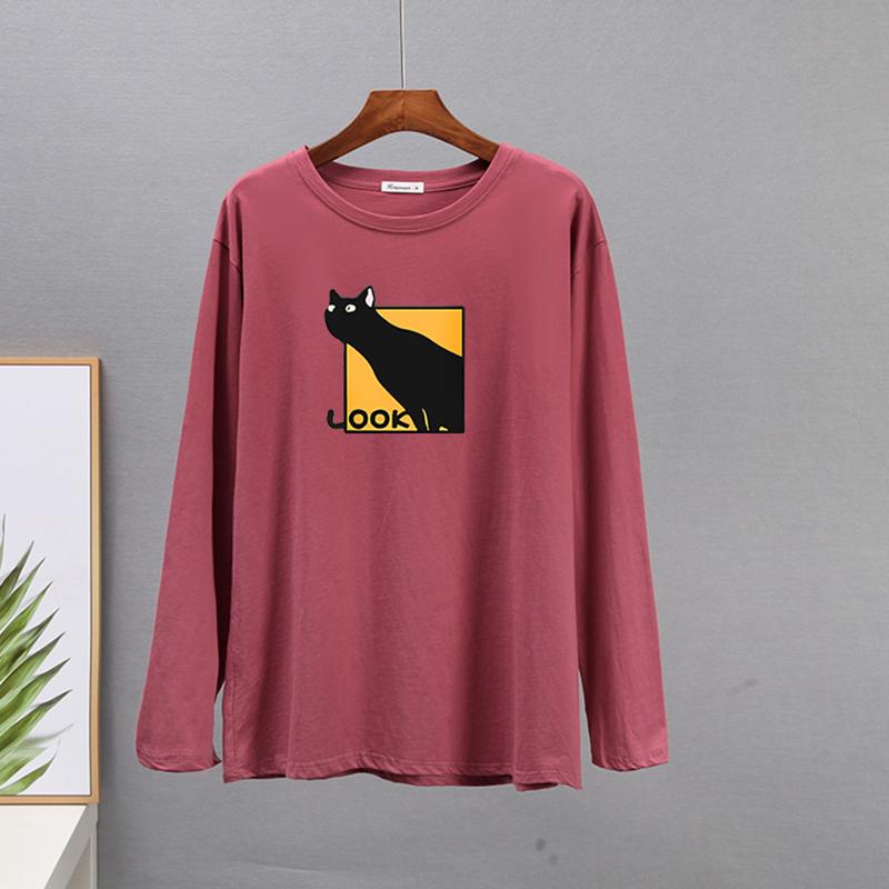 Hirsionsan Casual Loose T Shirt Women Spring New Simple Cute Cat O-neck Tees Female Fashion Long Sleeve All-match Tops for Girls