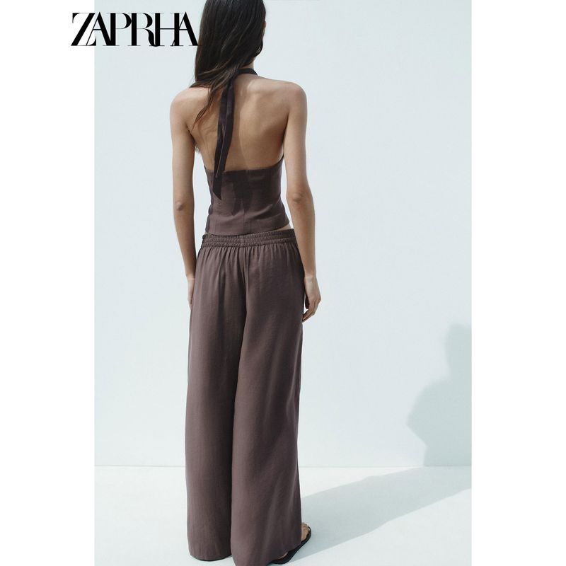 Zaprha 2025 Summer New Versatile Pleated Design Mid-Waist Elastic Wide-Leg Casual Trousers 8338504