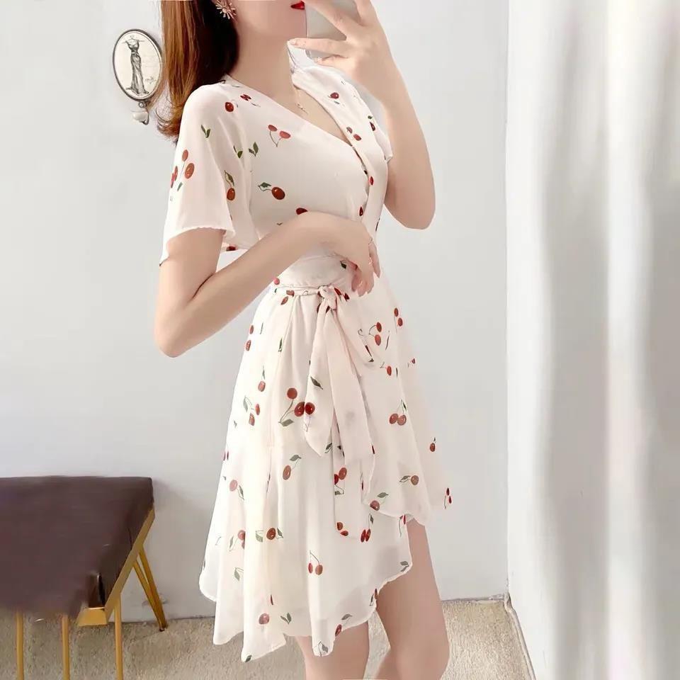 2026 Summer Floral Chiffon Fairy Dress - Women s Petite Waist-Cinched French Style S белый