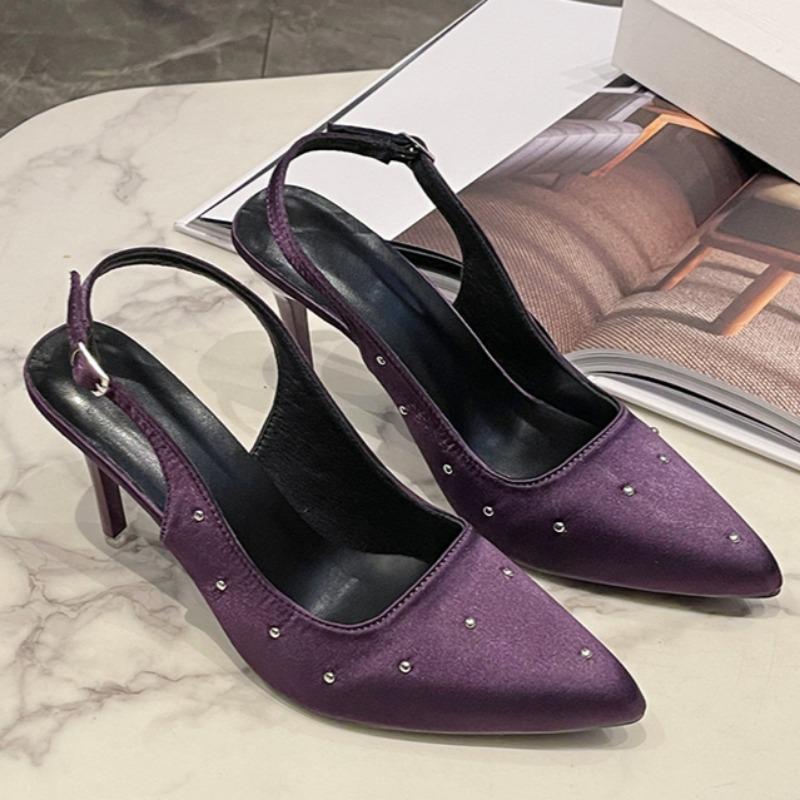 Women's Pointed Head Shallow Mouth Rivet Metal Buckle A Line with Anti-slip Wear-resistant High Heels